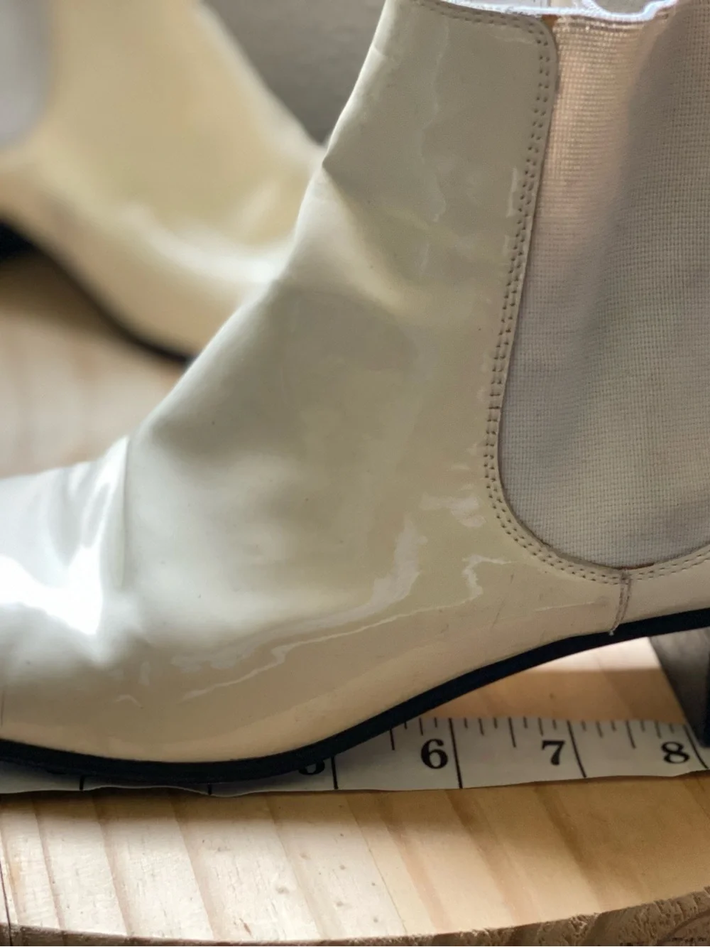 CHANEL Cream Patent Leather Chelsea Booties with Black Block Heel